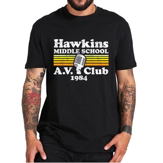 เสื้อยืดสีดำอินเทรนด์Stranger-things Hawkins โรงเรียนมัธยมต้น Av เสื้อยืดแขนสั้น พิมพ์ลายภาพยนตร์สยองขวัญ Science Fictio