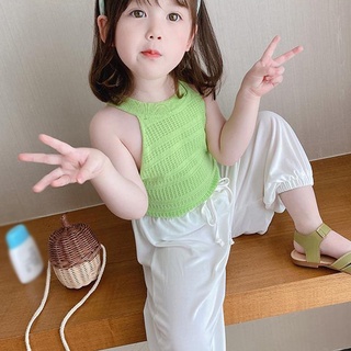 เสื้อสายเดี่ยว คอกลม เนื้อผ้าถัก ระบายอากาศได้ดี สีพื้น แฟชั่นฤดูร้อน สำหรับเด็กผู้หญิง