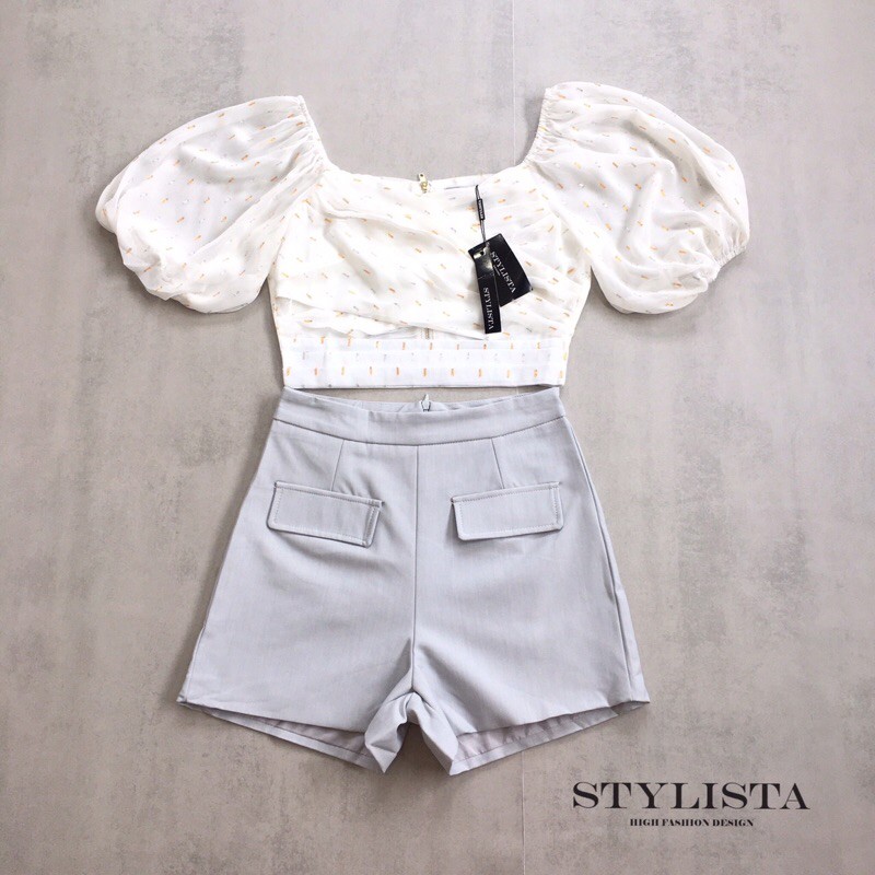 ชุดเซตเสื้อแขนสั้นปักเลื่อม-แขนพองๆกางเกงขาสั้น-tag-stylista-code-st20125