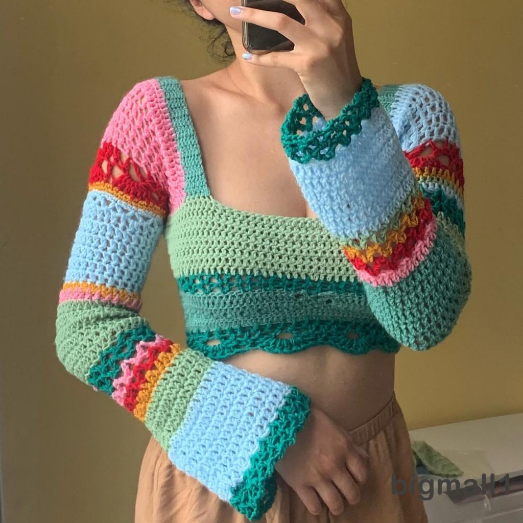 bigmall-women-crochet-hollow-out-patchwork-t-shirts-y2k-aesthetic-vintage-skinny-knitted-retro-backless-tie-up-crop-tops
