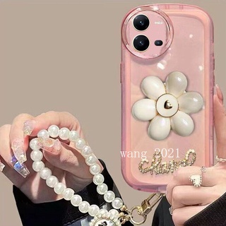 Petal Holder for VIVO V25 V25e V25 Pro 5G Y35 2022 เคส Casing New Transparent Silicone Phone Case with Pearl Lanyard White All-Inclusive Protection Solid Color Soft Case เคสโทรศัพท์