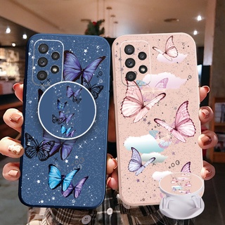 เคสโทรศัพท์มือถือ ขอบสี่เหลี่ยม ลายผีเสื้อ พร้อมแหวนขาตั้ง หรูหรา สําหรับ Samsung Galaxy S22 Ultra S21 FE A33 A53 A73 A03S M32 M22