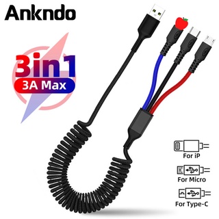 Ankndo 3 in 1 สายชาร์จ USB Type C แบบสปริง ชาร์จเร็ว 3A สําหรับ Huawei Xiaomi 1.2 ม. iP 13 12 11 Pro XS 3in1