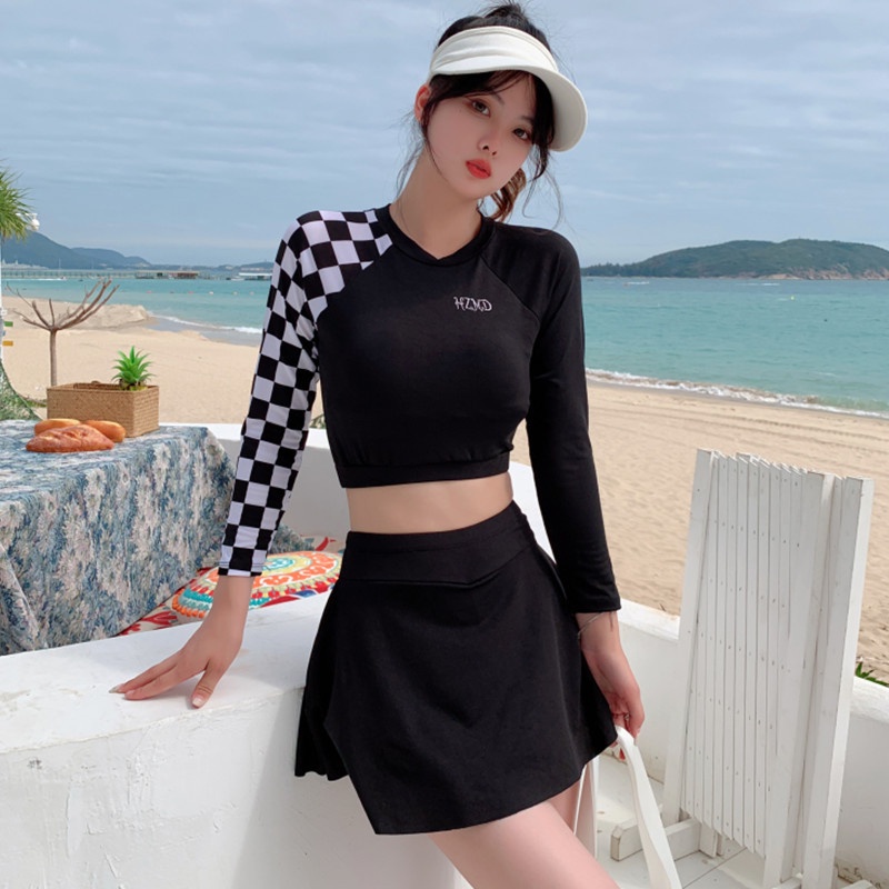 easy-ชุดว่ายน้ําผู้หญิงแขนยาว-กระโปรง-ทูพีช-เอวสูง-รุ่น-0239