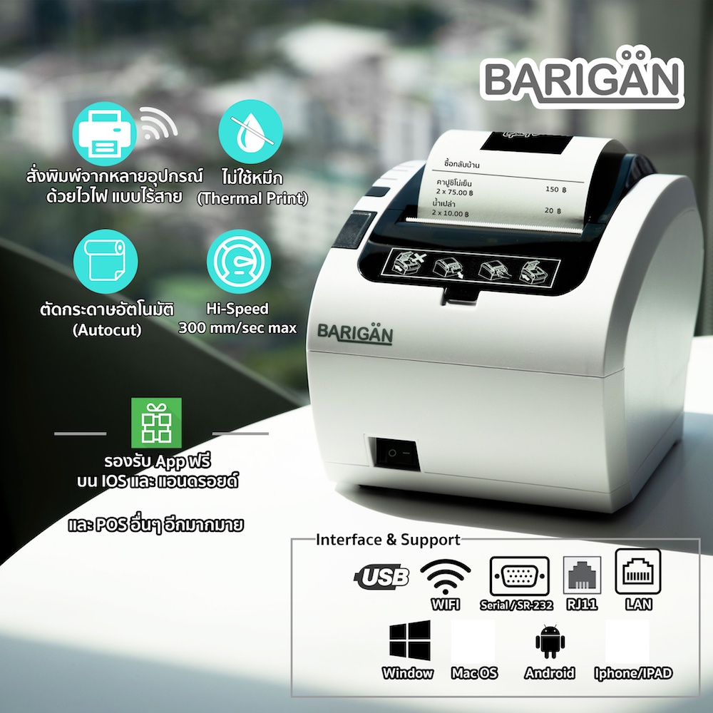 ภาพหน้าปกสินค้าเครื่องพิมพ์ใบเสร็จ BARIGAN รุ่น PR-01W 80mm ผ่าน Wifi USB LAN รองรับแอพฟรีบน IOS และแอนดรอยด์