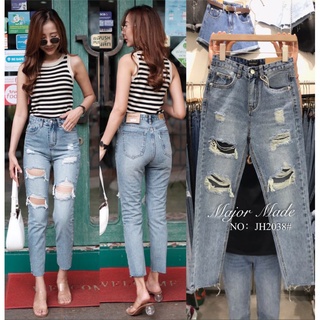 JH2038#S-XL#ยีนส์ทรงบอยแต่งขาด#jeans house