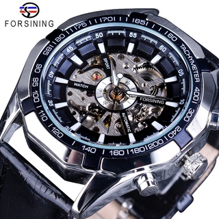 Forsining 2018 Steampunk Design Automatic Mens Watch Silver Case Luminous Hands Sport Watches uhren herren Black Band C