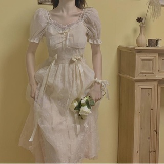 🔥Hot Sale/22427Apricot Puff Sleeve Dress New Design Sensation Niche Super Fairy Gentle Bow Knot Splicing Chic Skirt