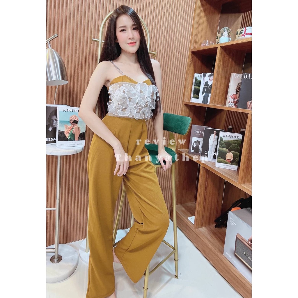 จั๊มสูทกางเกงสายเดี่ยว-ผ้ามูลเวฟนิ่มใส่สบาย-แต่งระบายหน้า-มีฟองน้ำ-งานซิปหลัง-งานน่ารักใส่ได้ตลอดค่า