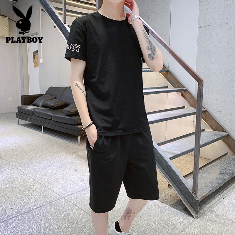 playboy-ฤดูร้อนผู้ชายสั้นแขนสั้นกางเกงขาสั้นเสื้อยืดกางเกงขาสั้นสองชิ้นชุดลำลอง-m-3xl