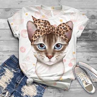 เสื้อยืดลําลอง คอกลม แขนสั้น พิมพ์ลายแมว 3D ทรงหลวม โอเวอร์ไซซ์ แฟชั่นฤดูร้อน สําหรับสตรี
