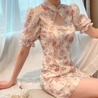 🔥Hot Sale / Cheongsam รุ่นปรับปรุงสาวดิสก์หัวเข็มขัดลูกปัดอารมณ์ชุด 2021 กระโปรงฤดูร้อนใหม่อินซูเปอร์นางฟ้าบาง