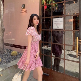 เดรสคอวี เดรสแขนพองพิมพ์ลาย เดรสเกาหลี minidress งานแ้ายสวยมากค่า