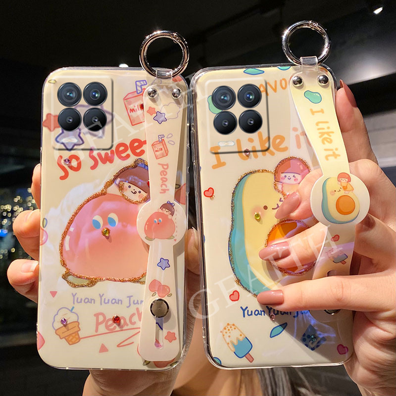 2021-new-เคสโทรศัพท์-realme-c21-realme-8-4g-realme8-5g-casing-with-wristband-mobile-phone-bracket-softcase-fashion-luxury-rhinestone-bling-glitter-lovely-cartoon-avocado-peach-back-cover-phone-case