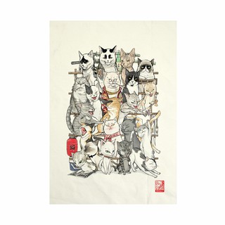 ผ้าแคนวาส พิมพ์ลาย ครอบครัวแมว ไม่มีกรอบ  ขนาด 34.5x48.5 ซม. /  Neko Family Fabric Art  Canvas No frame