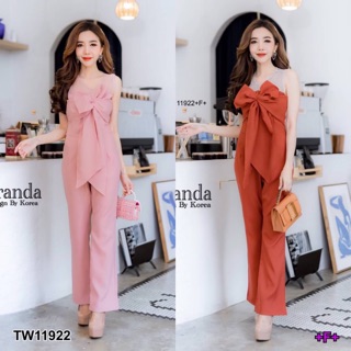 PE11922 Jumpsuit จั๊มสูทขายาวแขนกุดอกแต่งโบว์ใหญ่ เนื้อผ้าซาร่า ไหล่แต่งผ้ามุ้งซีทรู