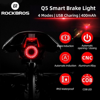 Rockbros Q5 ไฟฉายเบรกอัจฉริยะ LED IPx6 อัตโนมัติ กันน้ํา ชาร์จ USB อุปกรณ์เสริม สําหรับรถจักรยาน