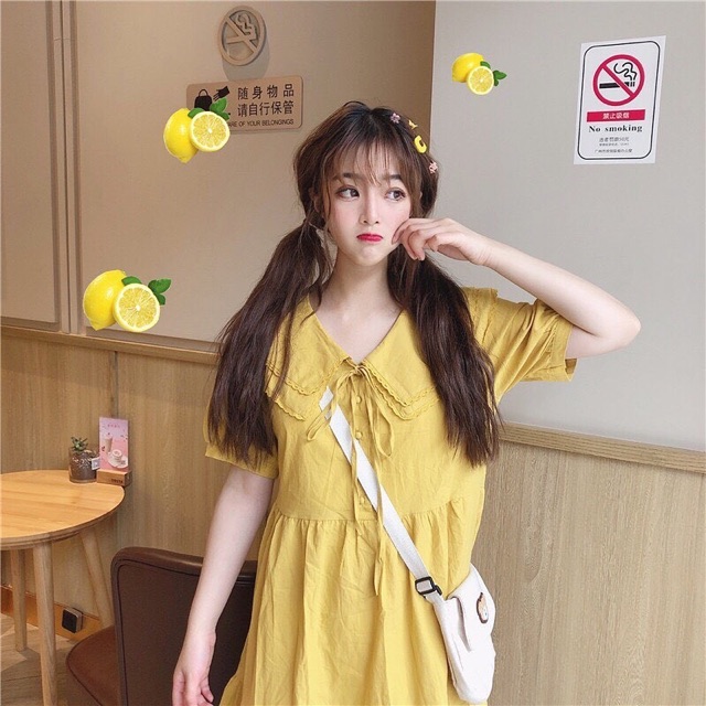 dressทรงยาวแขนตุ๊กตา-แต่งปกสองชั้นเย็บขอบลูกไม้เสริมโบว์ผูก