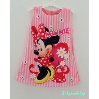 ชุดเดรสพิมพ์ลาย Minnie สีชมพู มีกระเป๋า 2 ข้าง ซิปหลัง  Size : 10-12y