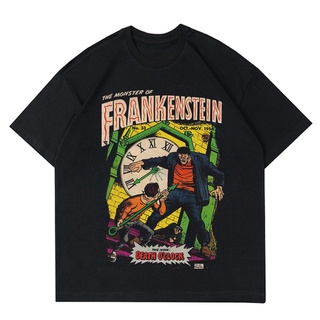 เสื้อยืดสีดำอินเทรนด์เสื้อยืด ลายสยองขวัญ FILM FRANKSTEIN สไตล์วินเทจ | เสื้อยืด พิมพ์ลาย Frankstein HORROR | เสื้อผ้าสย