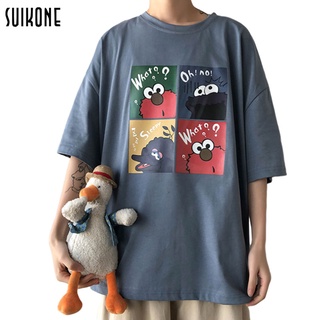 【NEW】Suikone เสื้อเชิ้ตแขนสั้นผู้ชาย แฟชั่นสไตล์ฮ่องกงพิมพ์แขนสั้นคอกลมแฟชั่นสีแดงสุทธิวรรคเดียวกันเสื้อยืดคู่รักนักเรีย