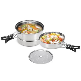 【ร้อน】 3Pcs ตั้งแคมป์ชุดเครื่องครัวสแตนเลสหม้อกระทะทอด Steaming Rack Outd