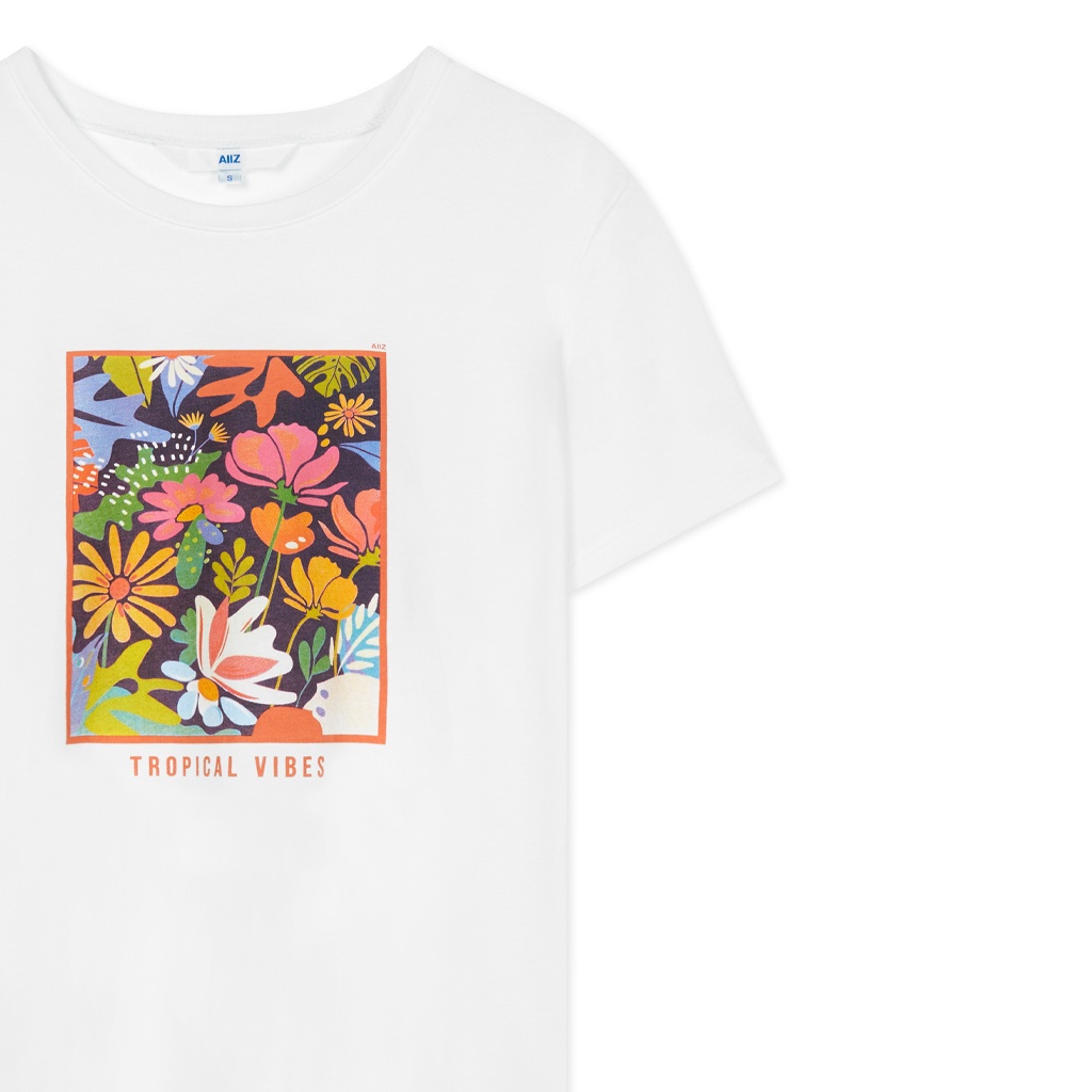 เสื้อยืดสีขาวaiiz-เอ-ทู-แซด-เสื้อยืดคอกลม-พิมพ์ลาย-womens-joyful-flowers-graphic-t-shirts