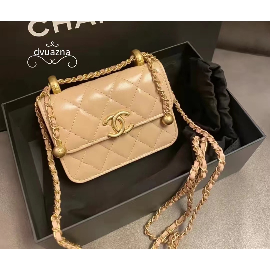 chanel-ของแท้-ลูกปัดทองสองชั้น-woc-กระเป๋าสะพายไหล่โซ่