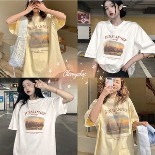 cherryshop พร้อมส่ง🔥เสื้อยืด🍀OVERSIZEเสื้อยืดแขนสั้นสีเหลืองครีมสไตล์เกาหลี