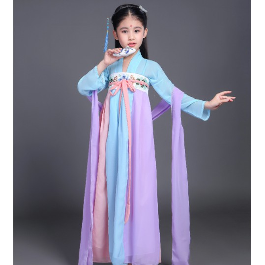 พร้อมส่ง-ชุดจีนโบราณเด็กหญิง-ชุดจีนเด็กสีฟ้าม่วง-ชุดประจำชาติจีน