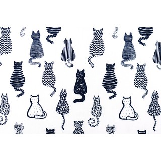 [SALE] 45x55 ซม. ผ้าเมตร ผ้าคอตตอน ผ้าฝ้ายแท้ 100% ลายแมวคลาสสิค สไตล์ภาพวาด น้ำเงินบนพื้นสีขาว [PFQ548]