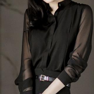 สินค้า XiXilixiaojie แขนยาวเสื้อหญิงเวอร์ชั่นเกาหลีเป็นสีดำบางยืนคอเสื้อชีฟอง