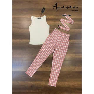 Aurora Brand: Setเสื้อผ้ายืด +มาพร้อมกางเกงขายาวลายตารางสุดคลาสสิค