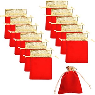 ถุงกํามะหยี่ สีแดง แบบพกพา เทศกาลนุ่ม ถุงหูรูด พร้อมขอบสีทอง สําหรับเครื่องประดับ ของขวัญ