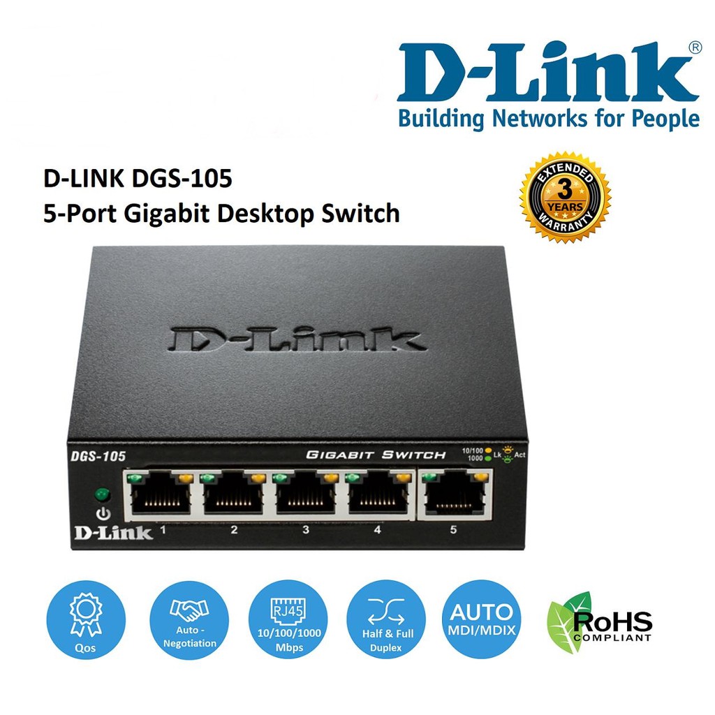 รูปภาพของสวิตซ์ฮับ D-LINK (DGS-105) 5 Port Gigabit Switching Hub 10/100/1000 Mbps LTลองเช็คราคา