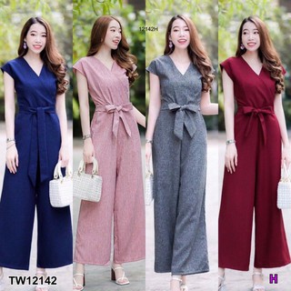 PE12142 Jumpsuit จั้มสูทแขนกุด ขายาวผ้าสลาฟ ขากระบอกกว้าง เอวมีสายผูกเอว มีซิปหลัง พ