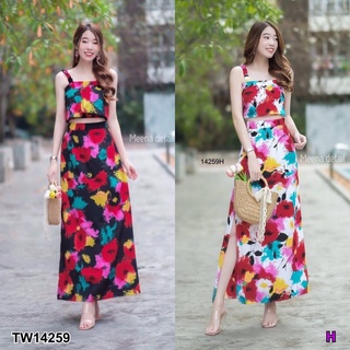 PE14259 Set 2 ชิ้น เสื้อสายเดี่ยว สายรูดย่นเอวจั๊ม+กระโปรงผ่าข้าง ช่วงเอวใส่ยางยืดรอบเอวใส่สบาย