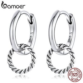 Bamoer Authentic Sterling Silver 925 Double Ring Ear Buckles Round Circle Earrings for Women Silver Jewelry SCE1199