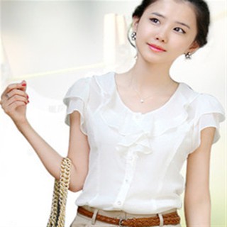 เสื้อชีฟองลูกไม้ระบายสไตล์เกาหลีเสื้อเชิ้ตแขนสั้นทรงสลิมสีขาวไซส์ใหญ่