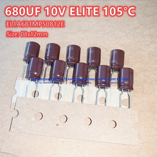 (จำนวน 10ชิ้น) 680UF 10V 105C ELITE SIZE 08X12MM. TAPPING สีน้ำตาล คาปาซิเตอร์ EL1A681MP50812E