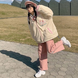 ฤดูใบไม้ร่วงและชุดฤดูหนาวนักเรียนสไตล์เกาหลีหลวมFitสาวสาวผสมสีHooded Coat + สีชมพูสบายๆกางเกงชุด2ชิ้น