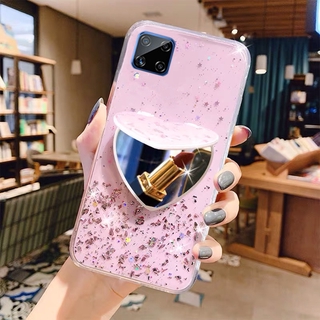 เคสโทรศัพท์ Samsung Galaxy A12 A02S A42 5G Case with Make-up Mirror Casing Love Stand Holder Bling Glitter Star Space Phone Cover for Samsung A12 A02S A42 เคส