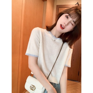 เสื้อแขนสั้น ผ้าถัก สีพื้น สไตล์เกาหลี แฟชั่นฤดูใบไม้ผลิ และฤดูร้อน สําหรับผู้หญิง 2022