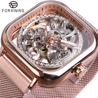 Forsining Rose Golden Automatic Square Men Watch Skeleton Mesh Stainless Steel Band Self-Wind Mechanical Wristwatch 2019