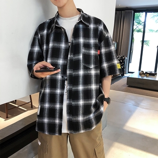 ผู้ชายฤดูร้อนเสื้อแขนสั้นสไตล์ฮ่องกงแนวโน้มย้อนยุคลายสก๊อตเสื้อลำลองเสื้อไขมันหลวมบวกปุ๋ย XL