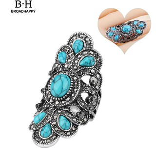 💘broadhappy💍วินเทจฝัง Turquoise Rhinestone แหวนกลวงสมมาตร แหวนเกลี้ยง