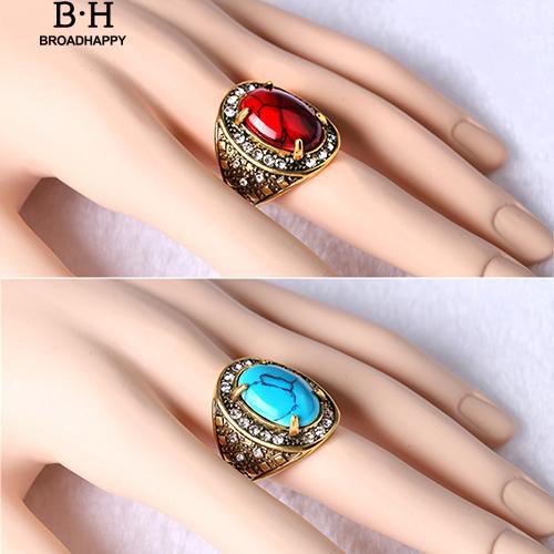 broadhappy-ผู้ชายผู้หญิง-unisex-วินเทจ-turquoise-rhinestone-สัมฤทธิ์แหวนทอง-แหวนเกลี้ยง