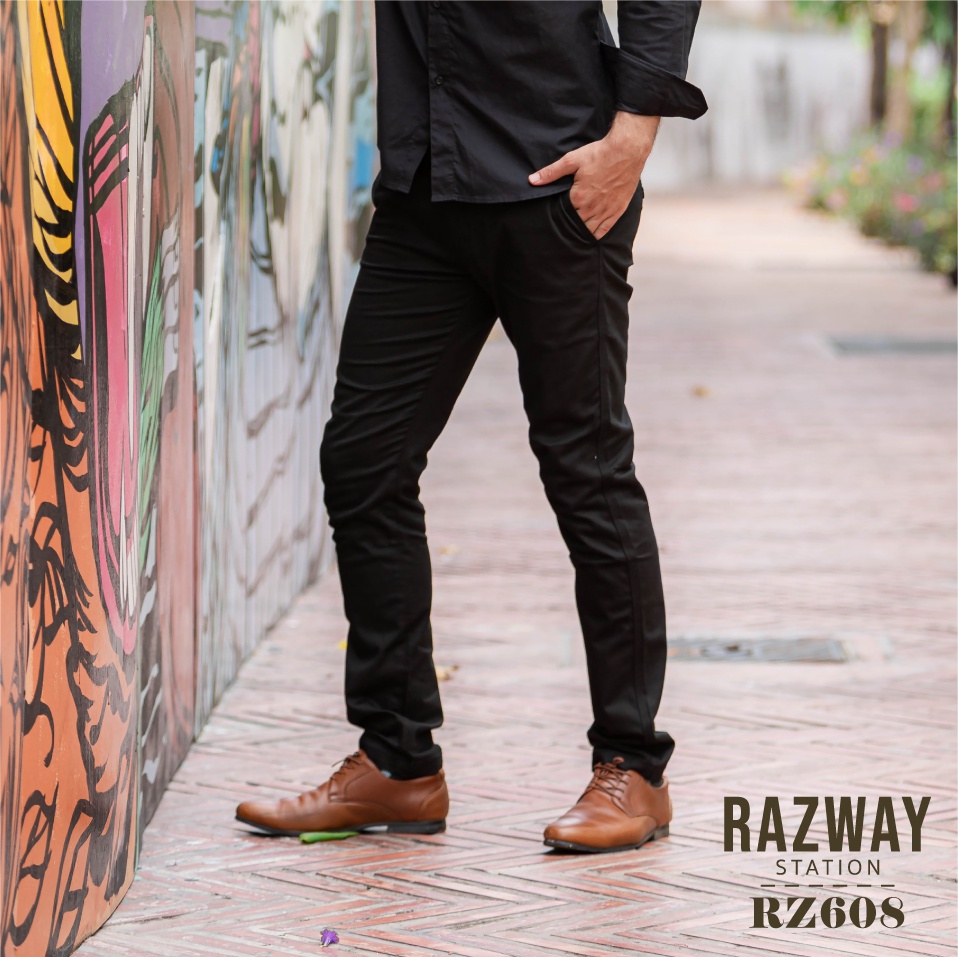 มุมมองเพิ่มเติมเกี่ยวกับ Razway กางเกงสแล็ค กางเกงชิโน่ ผ้ายืด ทรงกระบอกเล็ก กางเกงสแลคชาย (สีดำ)