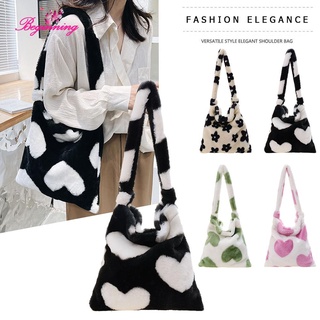 ✿ beginning ✿ Women Love Print Plush Messenger Bag Autumn Winter Large Handbags