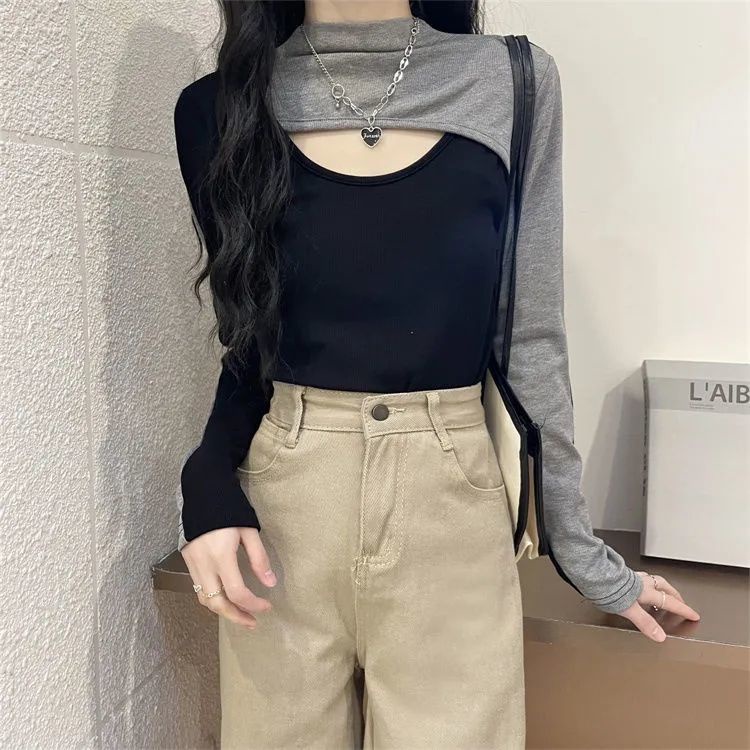 เสื้อยืดคอเต่า-เข้ารูป-สีคอนทราสต์-สไตล์เรโทร-สําหรับผู้หญิง